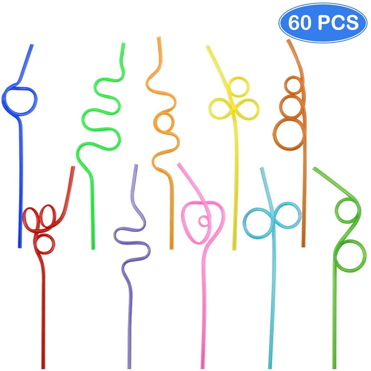 Pack of 60 Crazy Loop Straws, Crazy Reusable Drinking Straws Silly