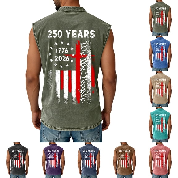 Havenx Patriotic Vest for Men Sleeveless American Flag Design Tank Tops Henley Button Up Distressed Washed Tee Top with Pockets Patriotic We the People 1776 Workout Polo Shirt,Khaki M