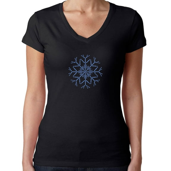 Womens T-Shirt Rhinestone Bling Black Tee Christmas Snowflake Blue V-Neck Medium