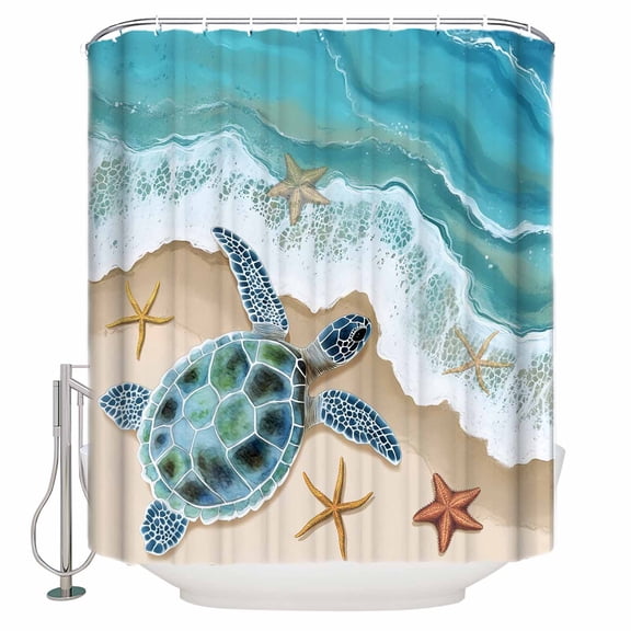 Summer Beach Shower Curtain, 36" x 72", Sea Turtle Spray Starfish Scenery Coastal Waterproof Bathroom Curtain Washable Shower Curtain Set with 12 Hooks