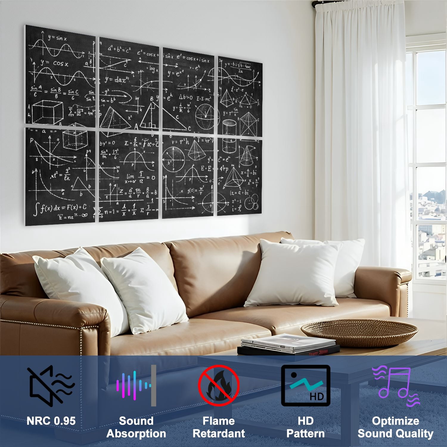 Classroom 8 Pack Art Acoustic Panels Sound Absorbing Chalkboard Filled Mathematical Equations Graphs Geometric Diagrams Decorative Soundproof Wall Panels Self Adhesive Kids Game Room 48"x32"