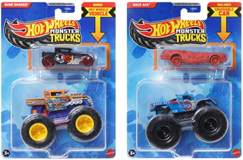 Hot Wheels Monster Trucks with Crushable Car, Race, Smash, Crash and Go Big, Bundle of 8 GRH81-999Q