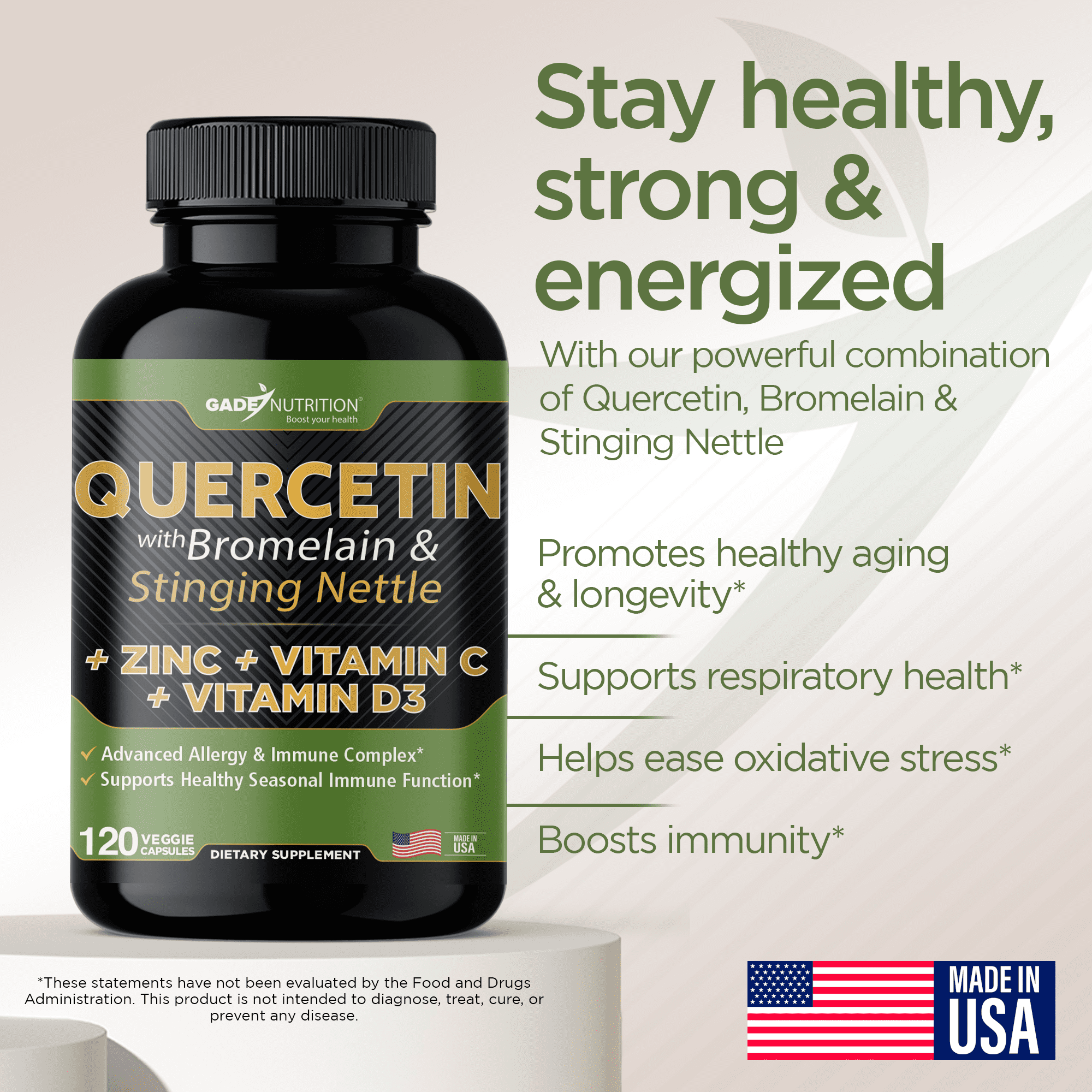 Gade Nutrition Quercetin with Bromelain, Vitamin D, Vitamin C, and Zinc & Stinging Nettle - 240 Veggie Caps - 4 Month Supply
