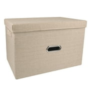 Collapsible Fabric Storage Bin With Handle Lid Foldable Box Linen Large Container Organizer For Home Clothes Storage, Khaki