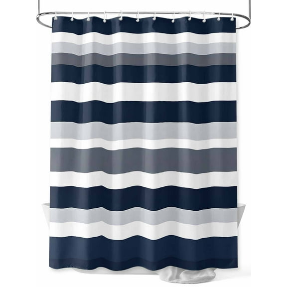 Shower Curtains for Bathroom-72"x72", Horizontal Stripe Navy Blue White Gray Waterproof Bath Curtain Grommet Shower Curtain Set with Hooks, Minimalist Striation Art Washable Bath Accessories