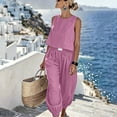 thumbnail image 2 of mihongmao Womens Fall Outfits Beach Sets Women's Round Neck Sleeveless Top+pocket Elastic Waist Pants Two-piece Linen Set Hot Pink 3X, 2 of 8