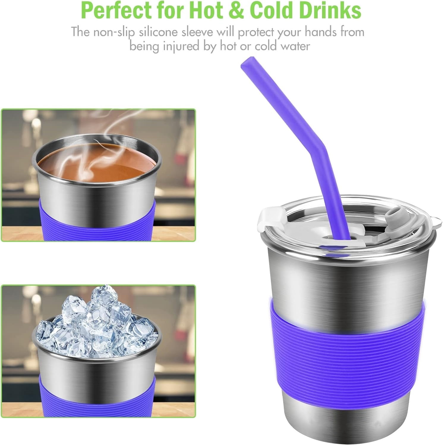 LQQBOX Stainless Steel Cups, 5 Pack 12oz Kids Drinking Glasses Spill Proof Metal Tumblers Cups with Lids and Straws for Kids and Adults