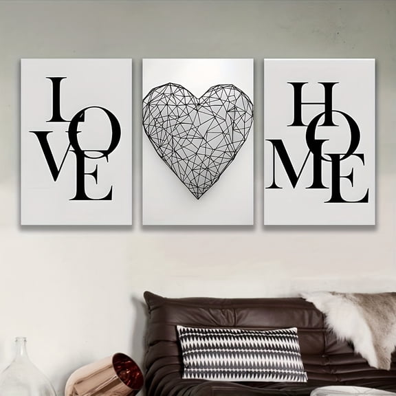 2D Flat 3pcs Minimalist Wire-Wrapped Heart Wall Art - Frameless Modern Home Decor, LOVE & HOME Lettering with Geometric Heart Design, Black & White Aesthetic for Living Room, Bedroom, or Office, Per