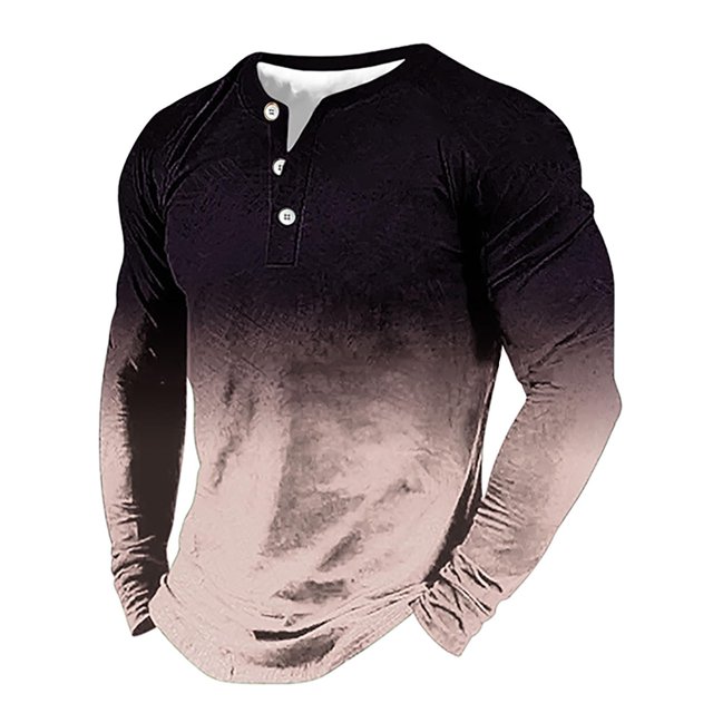 IDALL Long Sleeve Shirts for Men Button Down Shirt Men Mens Shirts Men's Long Sleeved Three Button T Shirt 3D Gradient Printed Pullover T Shirt Work Shirts for Men Pink S