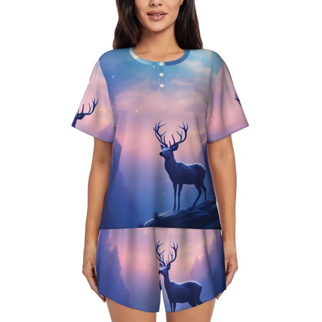 Fotbe Night Sky Elk Conjunto de Pijama Estampado para Mujer, 2 Piezas, Ropa de Dormir con Camiseta de Manga Corta y Shorts Suaves-3X-Large