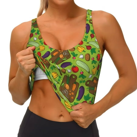 Qokaie Carrot Eggplant Pattern Womens Scoop Neck Sports Bra Breathable Workout Vest Padded U Back Medium Impact Fitness Gym Yoga Bra Workout Crop Top