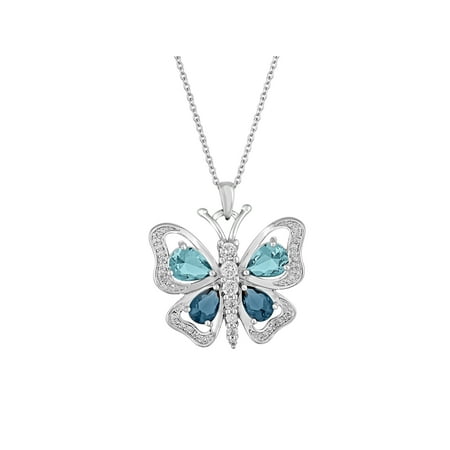 Bone Butterfly Pendant - Sterling Silver Plated Simulated Blue Topaz with CZ Accents Butterfly Pendant, 18