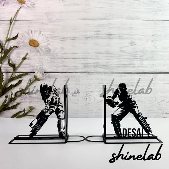 Shinelab Cricket Metal Bookends Cricket Player Name Bookend, Sports Desk Bookshelf Decor