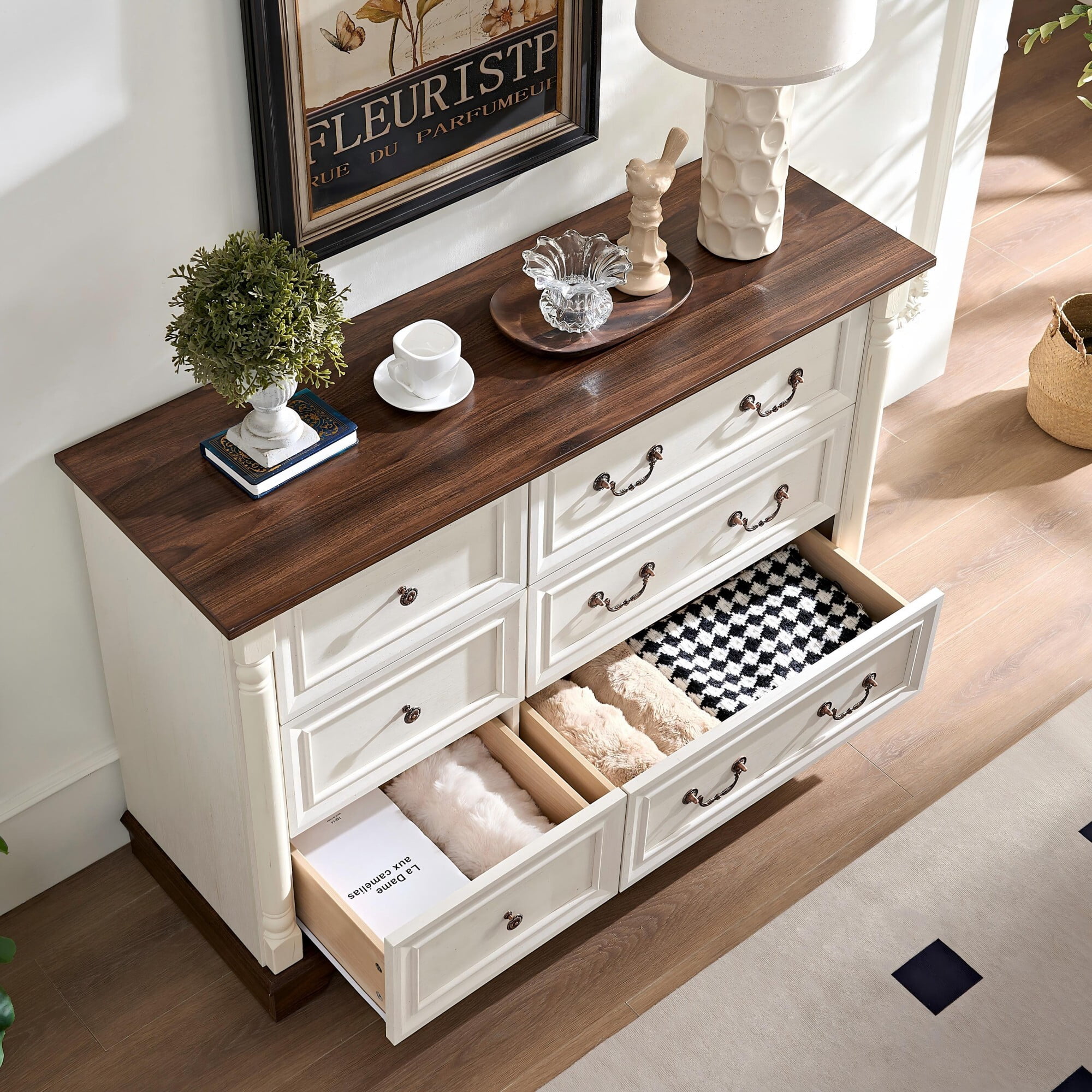 AENKYO 6-Drawer Wide Dresser, Rustic Farmhouse Chest of Drawers for Bedroom or Living Room, Antique White
