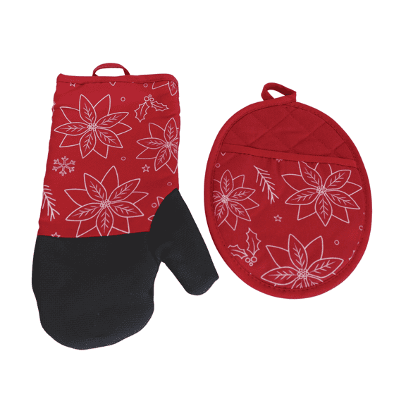 Heat Resistant 2 Piece Pot Mitt Holder Gift Set Neoprene Red Poinsettia