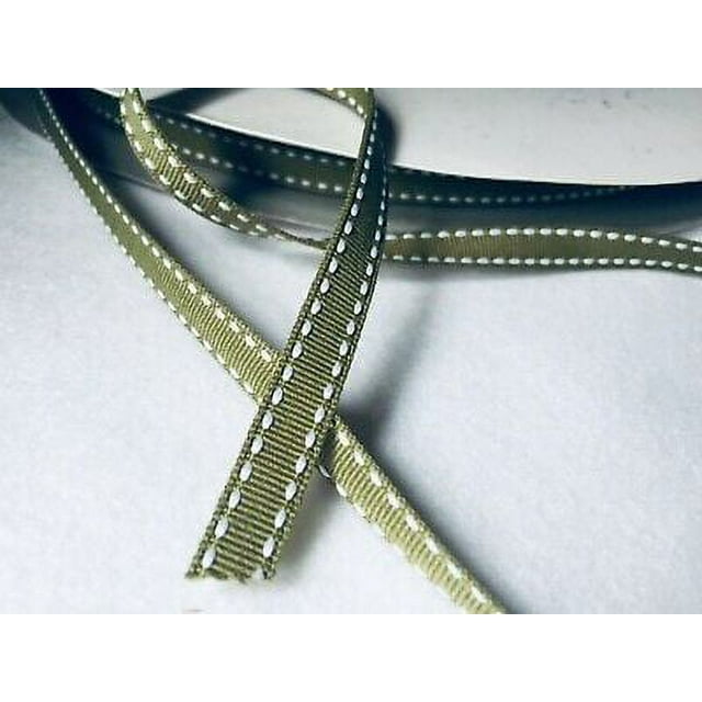 Polypropylene Grosgrain Ribbon, 0.375in x 100 yards, Sage with White Stitches