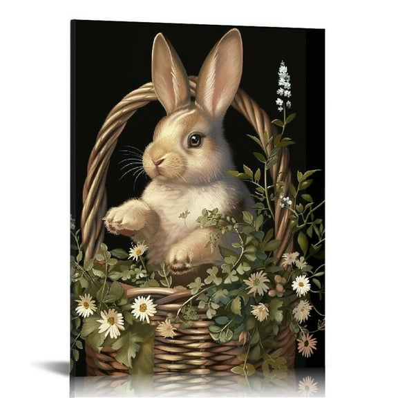 Acheng  Bunny Basket Easter Eggs And Flower Canvas Wall Decor, Animal Poster Wall Decor, Easter Print Picture for Living Room Bedroom Home Farmhouse Wall Decorations  12x16 in