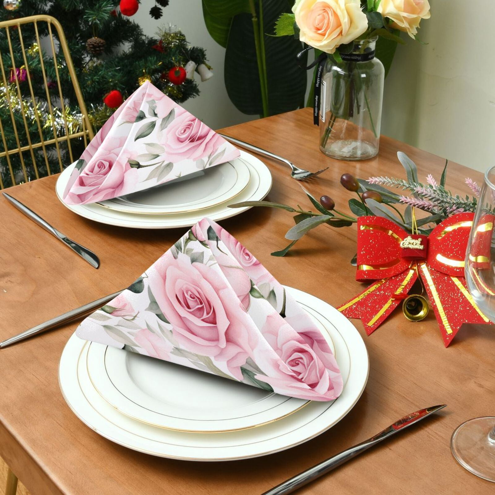 JSTEL Pink Rose Flowers Cloth Napkins Set of 6, 20x20 Inch Washable and Reusable Napkin for Decoupage Dinner Party Everyday Use