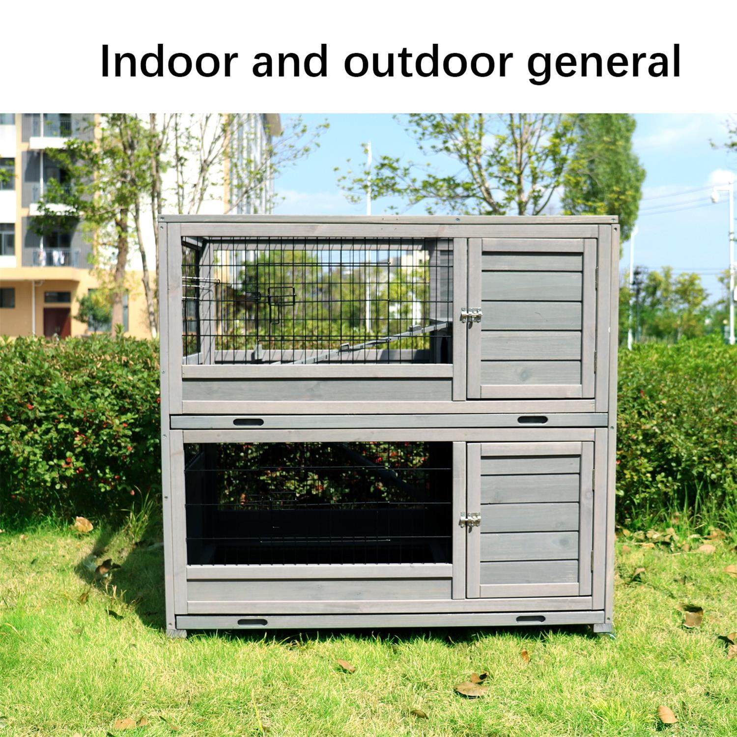 Pefilos 39" Wooden Rabbit Cage with Ramp, Small Animals Habitat, Weatherproof Roof and Removable Tray, Universal Wheel, Gray Pefilos 39" Wooden Rabbit Cage with Ramp, Small Animals Habitat, Weatherproof Roof and Removable Tray, Universal Wheel, Gray