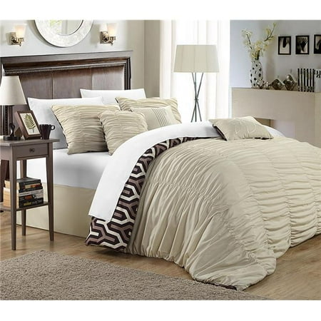 Leslie Pleated Ruffled Comforter Set Beige Queen 7 Piece