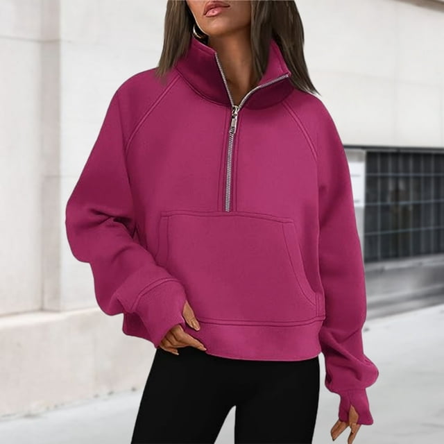 Stand Collar Fall Clothes Half Zip Women Solid Color Daily Outfit (Coffee XL)