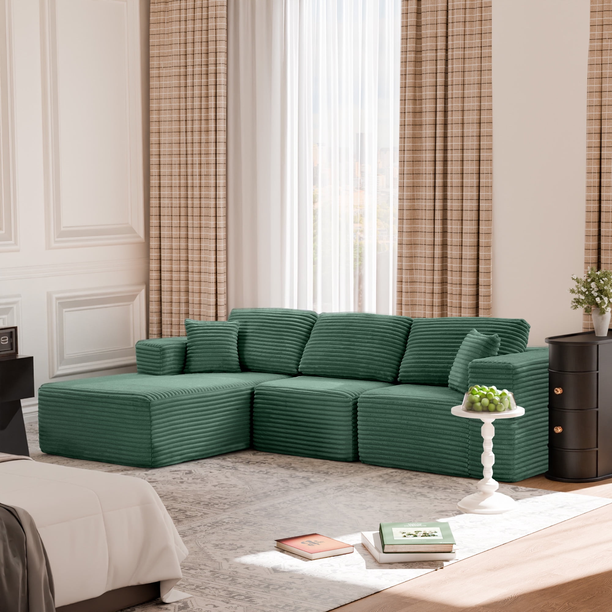 MAYEERTY Corduroy Sectional Couch, Comfy Modular Compression Sofa for Apartment & Living Room, 104×67" Green