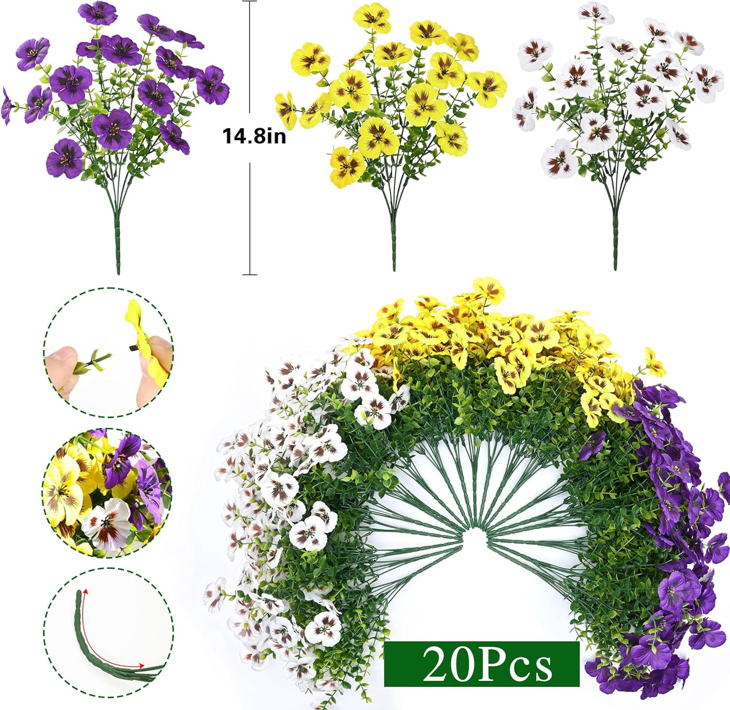 Waipfaru 20 Bundles Artificial Pansy Flower for Outdoor, UV Resistant Faux Pansies Plants,Realistic Silk Fake Flowers for for Front Porch,Basket,Garden Decor