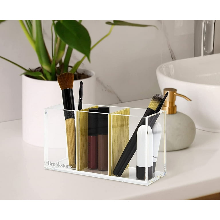 Brookstone Small Stylish Acrylic Makeup Brush Holder, Office Supplies  Organizer with Oak Dividers