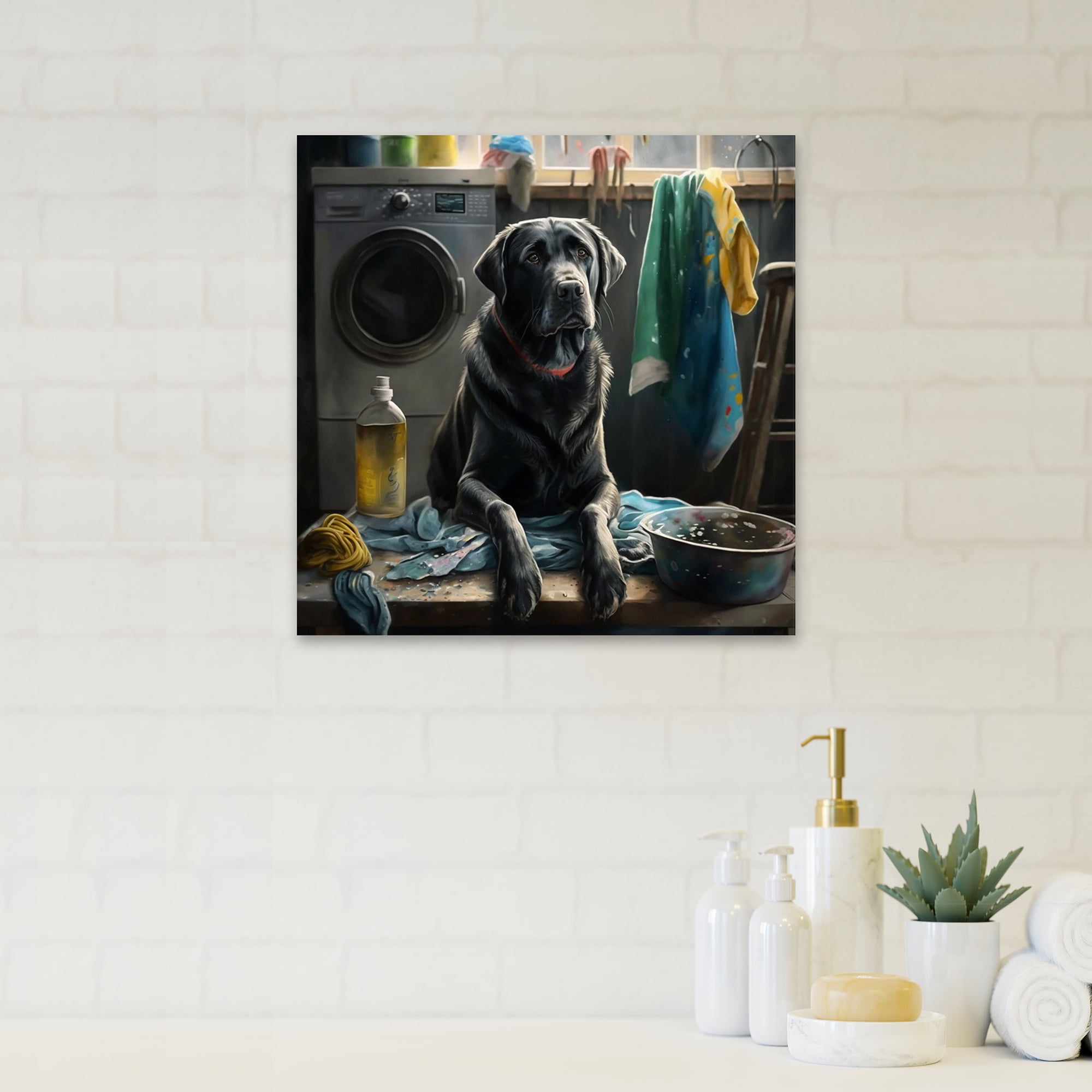 Designart Dog Sitting On The Laundry I Canvas Wall Art