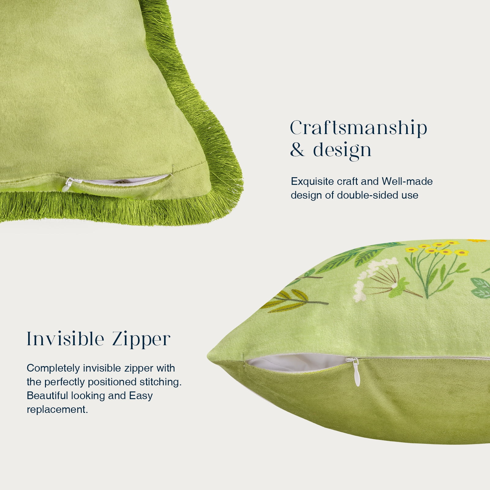 Happy Easter Throw Pillow Tassel Trimmed Printed Colorful Flowers and Rabbits Decorative Easter Pillows, 18" x 18", Light Green, 2 Pack