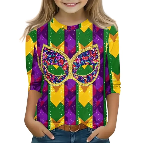 Girls Mardigras Shirt New Orleans Tops Toddler Kids 3/4 Sleeve Sequin Mask Outfits Tee