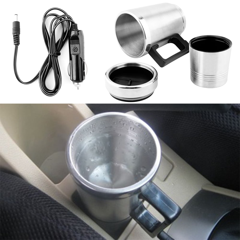 Tebru Water Heating Cup, Car Kettle,350ML + 150ML Stainless Steel Car Electric Kettle Coffee Tea Thermos Water Heating Cup 12V