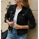 thumbnail image 1 of Chaquetas vaqueras ajustadas para mujer, abrigo informal de manga larga con solapa, botones y bolsillo en el pecho, color liso, moda de otoño, 1 of 4