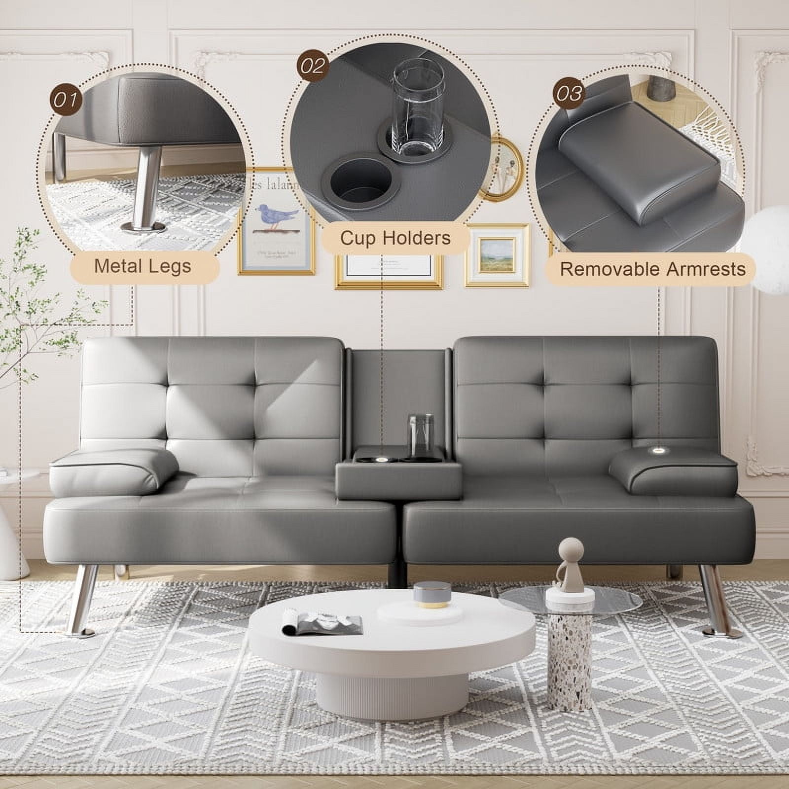 Furmax 3-in-1 Futon Sofa Bed Convertible Couch – Faux Leather Recliner with Cup Holders for Living Room, Apartment & Small Space, Gray