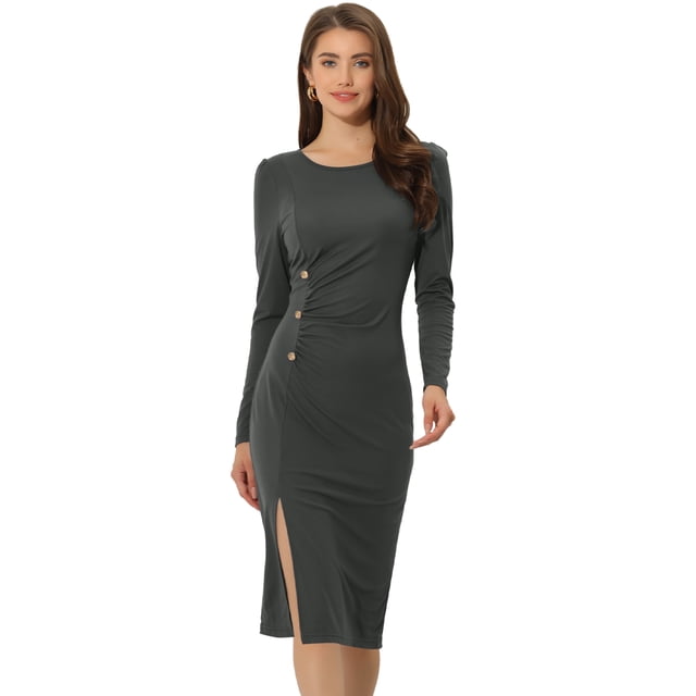 Vestido con Decoración de Botones para Mujer Elegante Casual con Diseño Fruncidos Vestido de Punto gris S