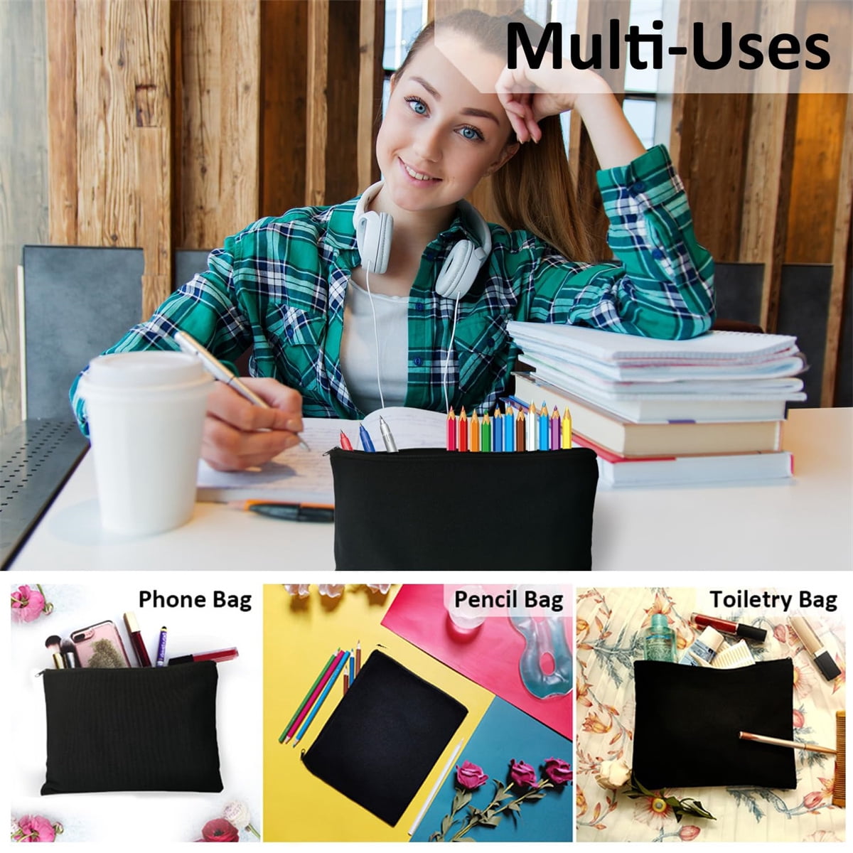 10 Pcs Blank Cotton Makeup Bags, GIXUSIL 8×5in Pen Case Cloth Pouc, Multi-purpose Multipurpose Bags with Black Zipper for Painting Crafts Travel Wallet Toiletry Storage