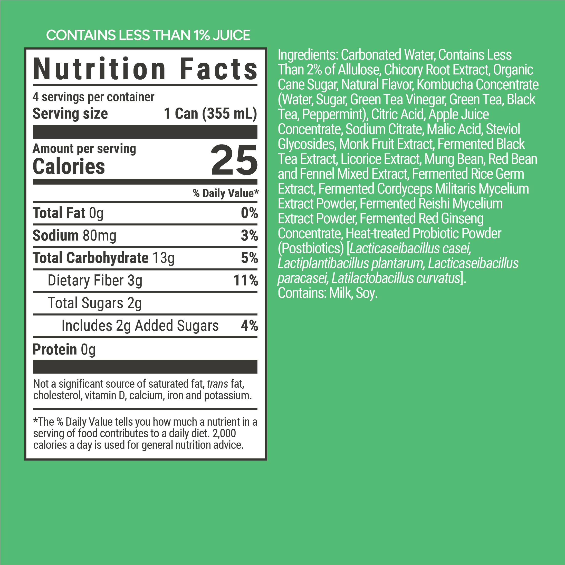 ARIH Dual Biotic Soda, Functional Prebiotic and Postbiotic Soda, Low Sugar, Apple Flare, 12 fl oz, 4 Pack