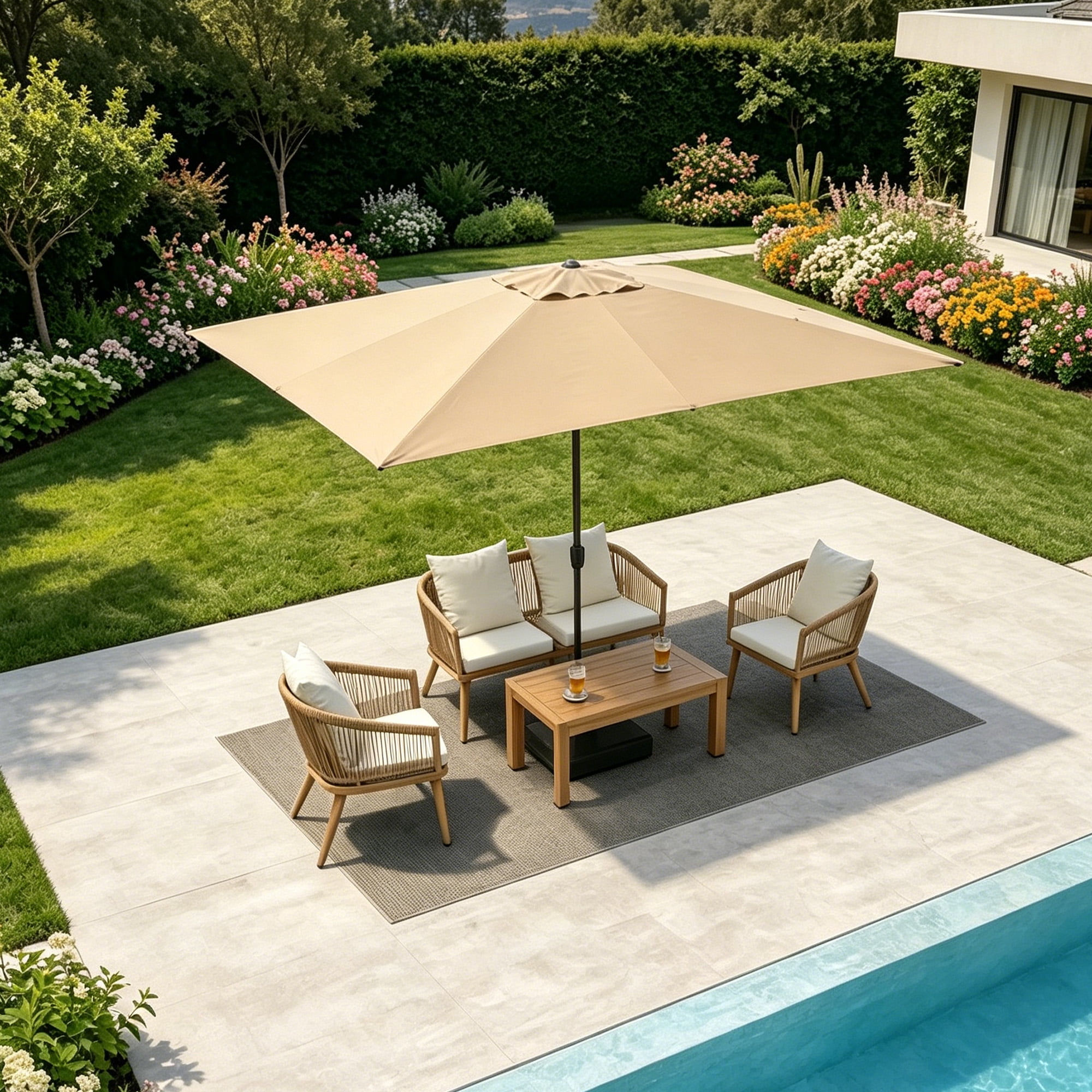 Kool 10x6.5ft Rectangular Patio Umbrella with Crank Handle, Outdoor Market Umbrella with 6 Sturdy Umbrella Ribs, Waterproof, Tan