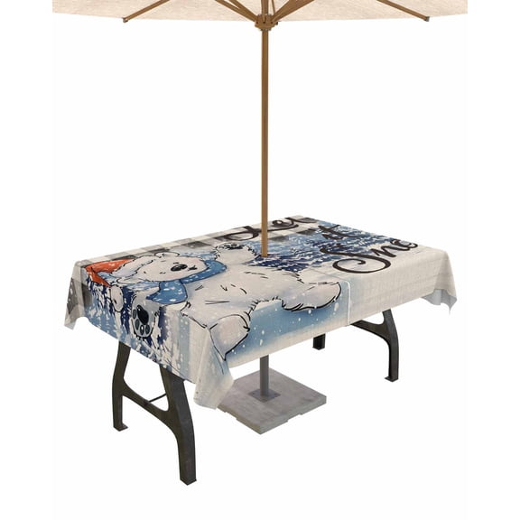 Fsddascl Blue Bear Christmas Outdoor Tablecloth - 52x70 Inch Rectangle Dining Table Cover, Snowflake Xmas Tree Black Plaid Waterproof Outdoor Table Cloth with Umbrella Hole & Zipper for Picnic/Patio