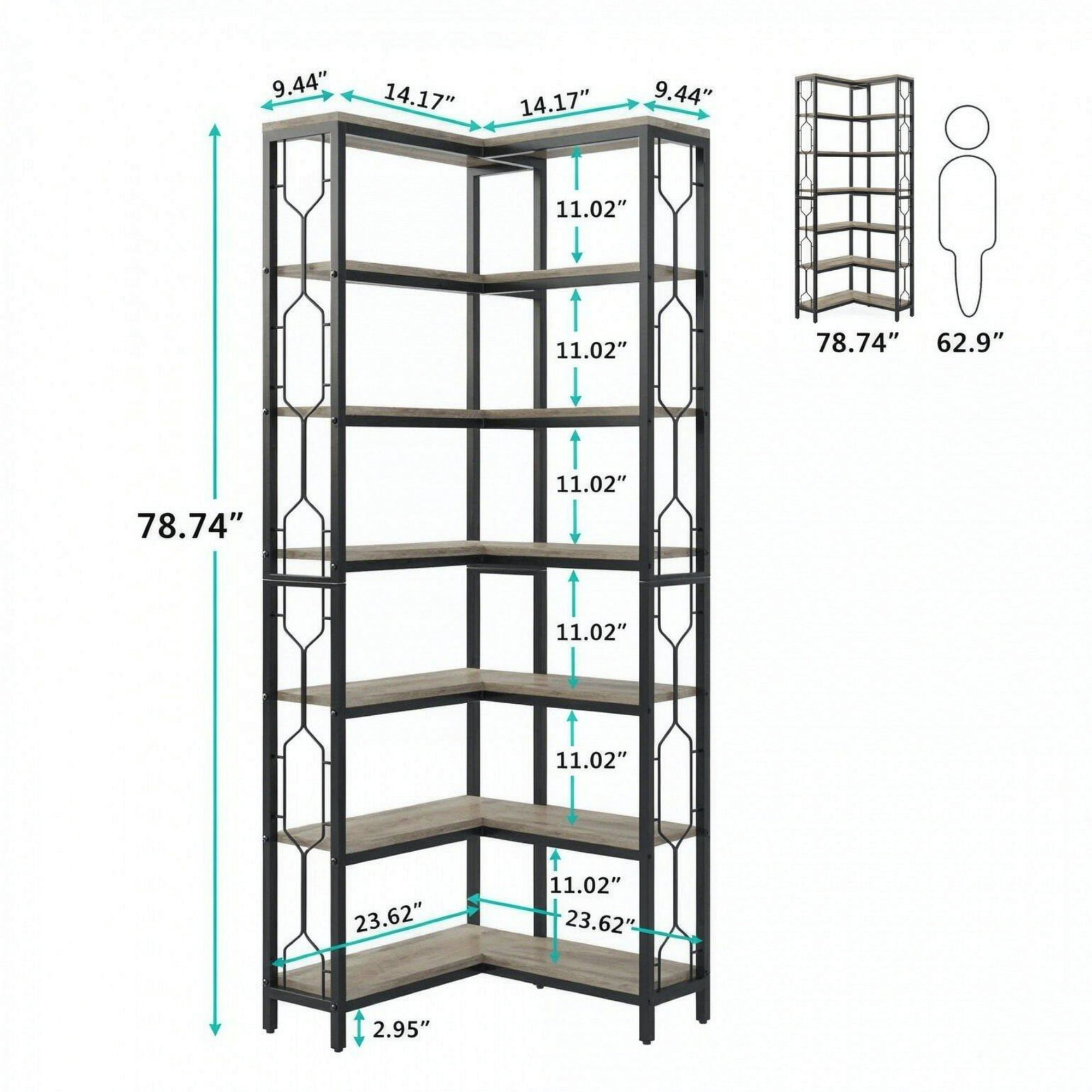 7-Tier Industrial Corner Bookshelf & Etagere Bookcase, 41.34 in x 11.61 in x 10.43 in