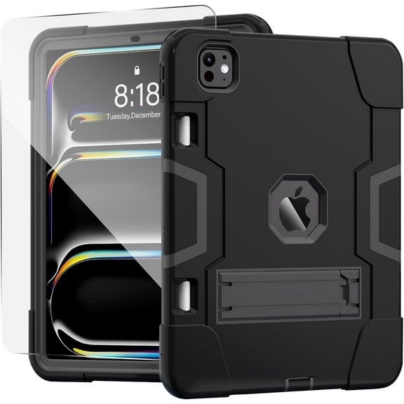 SOATUTO Case for iPad Pro 11-inch (M4) 2024 5th Generation, Heavy Duty Protective Cover with Kickstand Shell Case with screen protector Fit for iPad Pro 11-inch (M4) 2024 (Black/Black/1 PC)