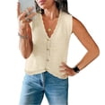 thumbnail image 2 of Women's Sleeveless Button Down Cropped Sweater Vest Cardigan Waistcoat, Scalloped V Neck Knit Vest for Women, Cropped Hollow Out Sweater Vest, Lightweight Textured Knit Beach Vacation Layering Beige, 2 of 5