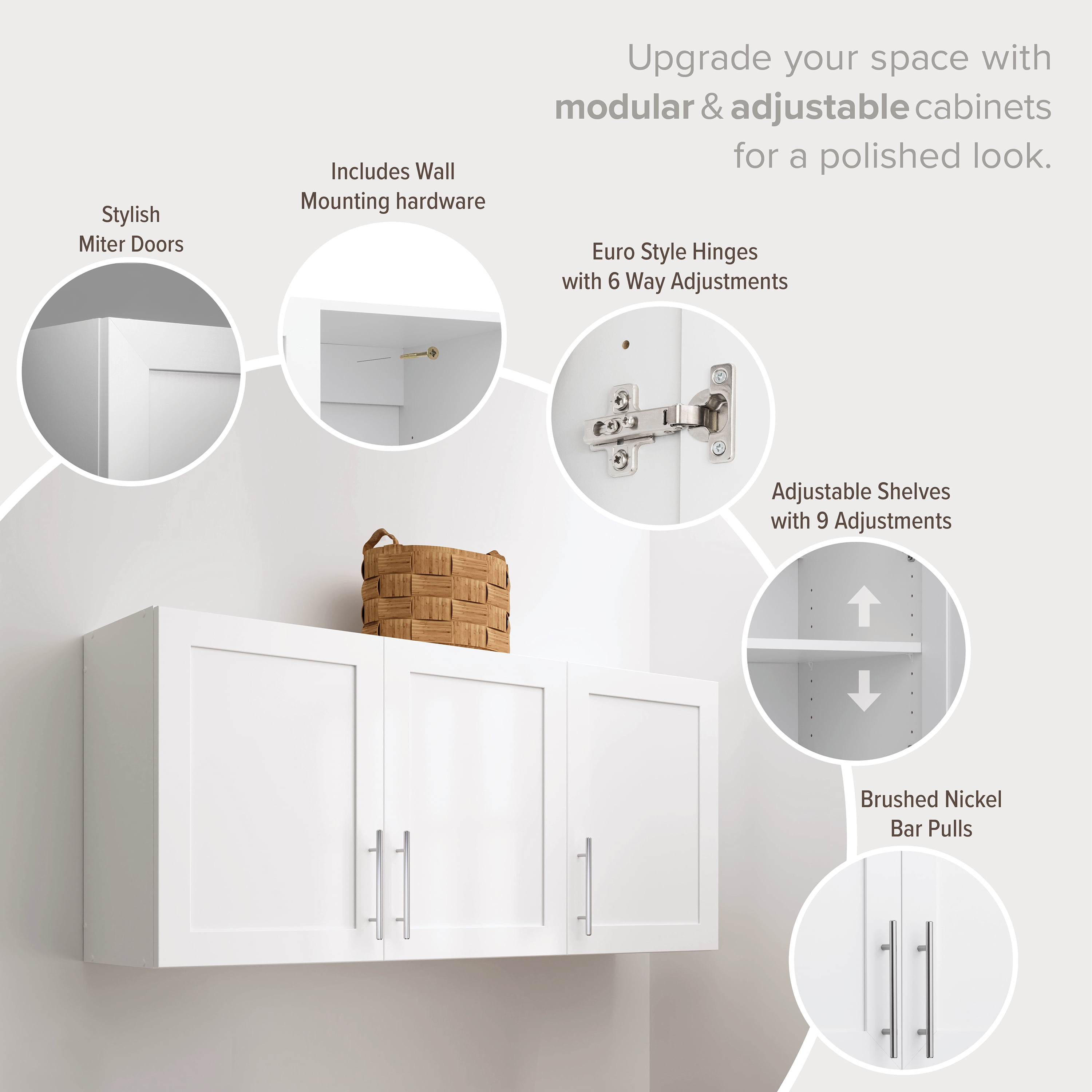Prepac Elite 54" W Wall Cabinet with Panel Doors, White Storage Cabinet, Bathroom Cabinet, Pantry Cabinet with with 1 Adjustable Shelf 12.75" D x 54" W x 24" H, WSUR-1004-1