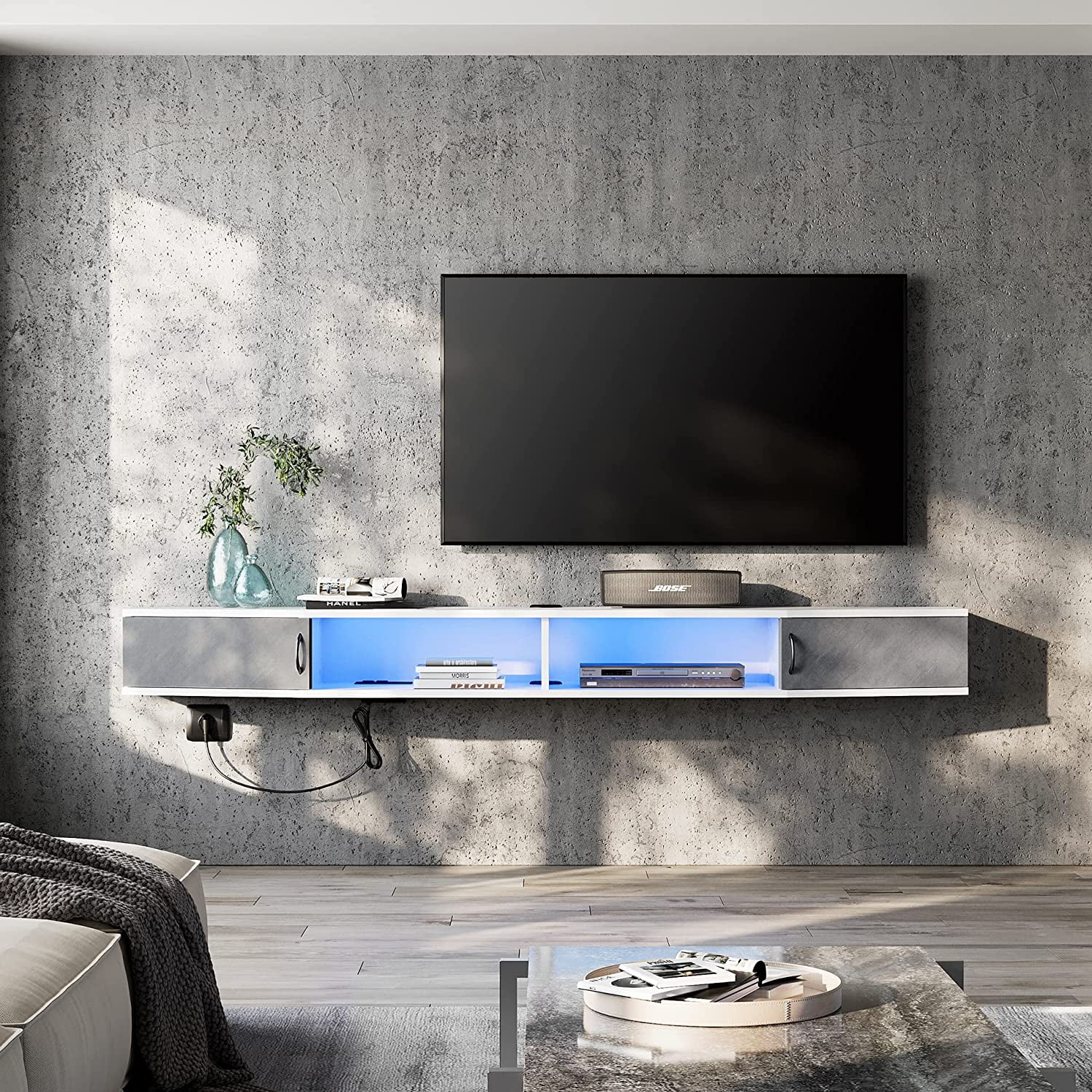 Fitueyes Blue Light Floating TV Stand Shelf, Wall Mounted Shelf With Storage Cabinet,Entertainment Center for 85 Inch TV