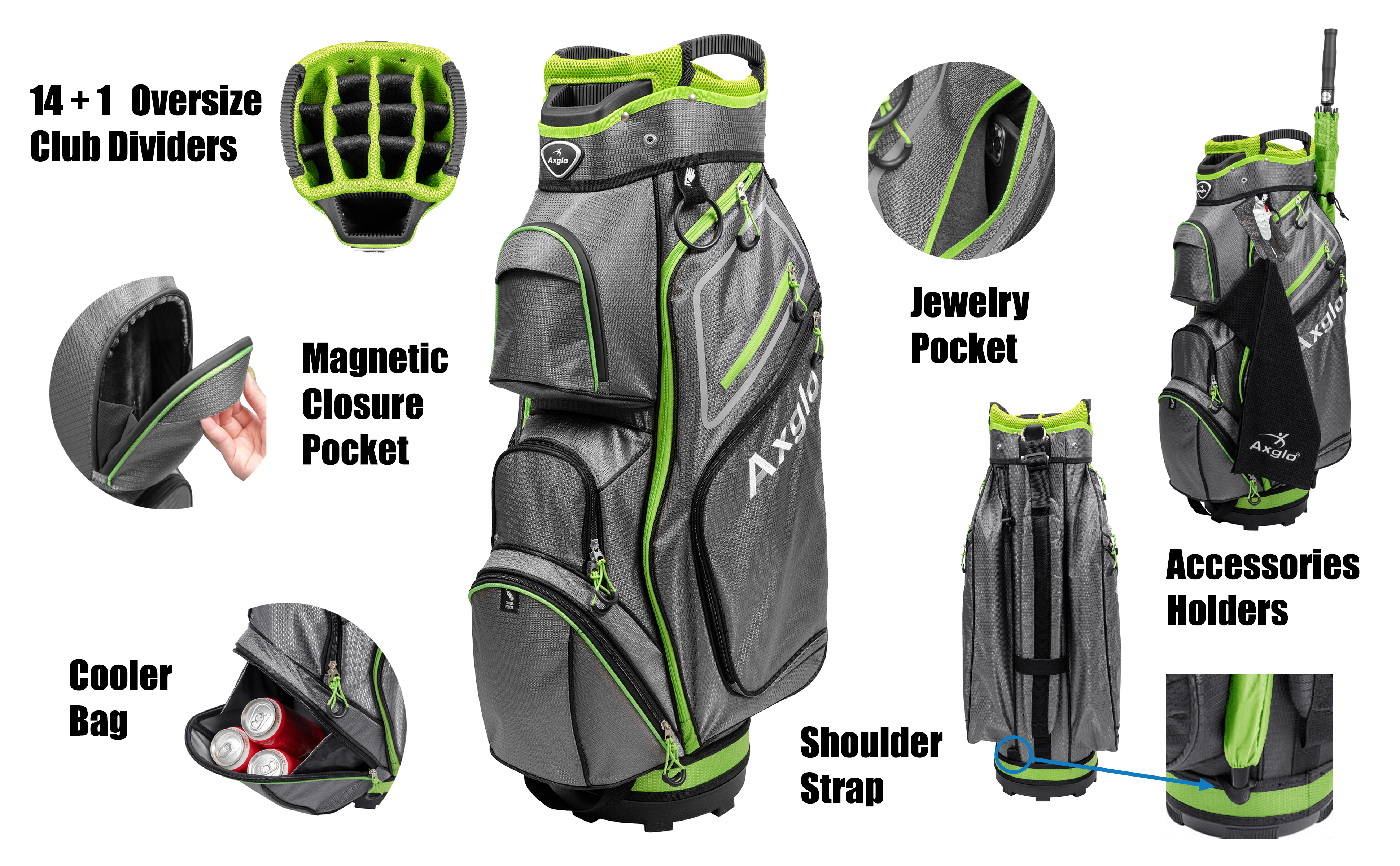 Axglo A211 Lightweight Golf Cart Bag | 15 Full-Length Dividers with Putter Well - Green/Silver