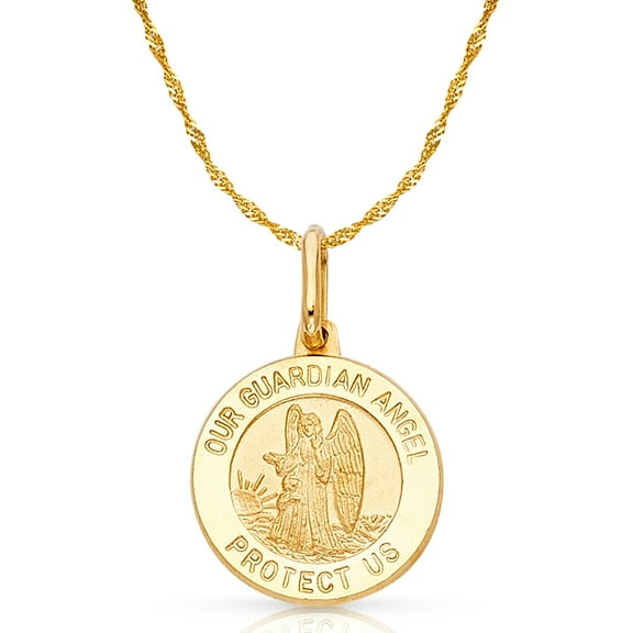 14K Yellow Gold Our Guardian Angel Protect Us Charm Pendant with 0.9mm Singapore Chain Necklace - 16"