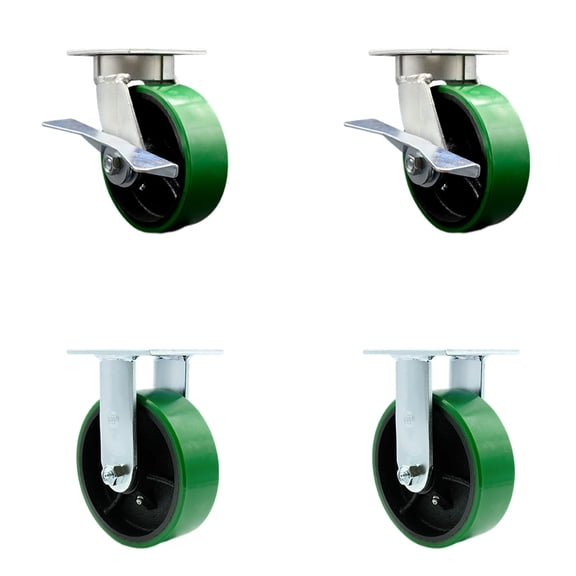 6 Inch Kingpinless Green Poly on Steel Wheel Caster Set 2 Swivel Locks 2 Rigid