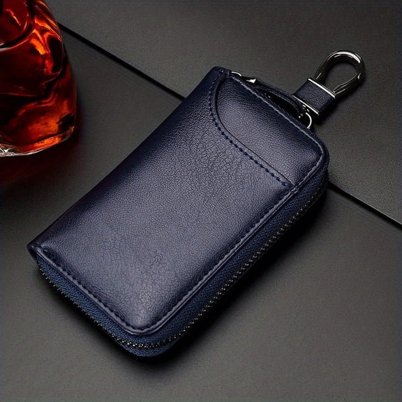 Genuine Leather Car Key Fob Holder Case | Smart Remote Key Protector with Metal Hook Keyring Zipper Bag for Men Women