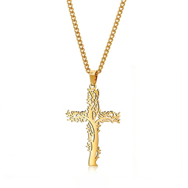 Zhuge Collar con colgante de árbol de la vida para hombres y mujeres, collar con cruz de árbol de la vida para hombres y mujeres, colgante de acero de titanio personalizado (oro)