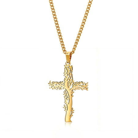 Zhuge Life Tree Necklace Pendant for Men and Women Jewelry Pendant Handmade, Life Tree Cross Necklace for Men and Women Personalized Dressing Titanium Steel Pendant ,Gold